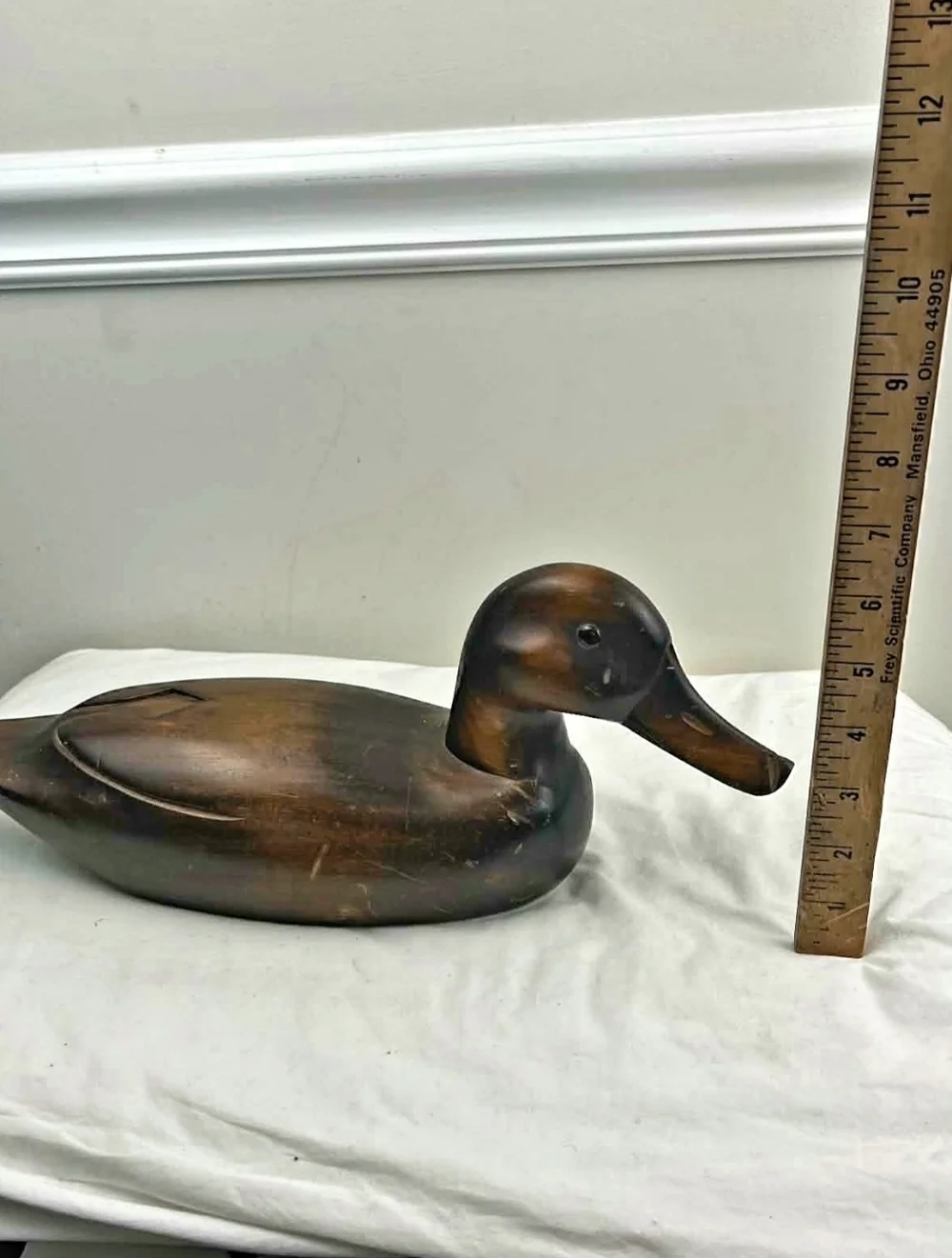 Vintage Hand-Carved Solid Wood Duck Decoy - Rustic Folk Art Mallard - 13”